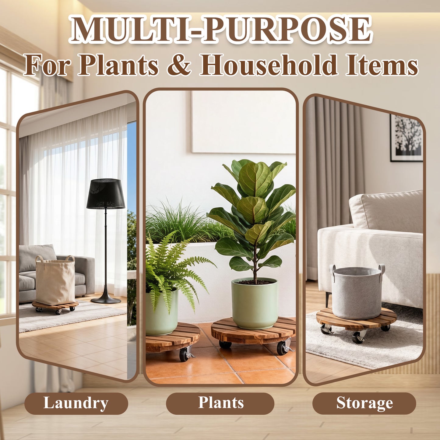 punada 2 Pack Plant Caddy with Wheels Heavy Duty, 12 Inch Wood Rolling Plant Stands with 360° Lockable Wheels, Plant Dolly for Indoor Outdoor Large Plant Pots, Flower Planters