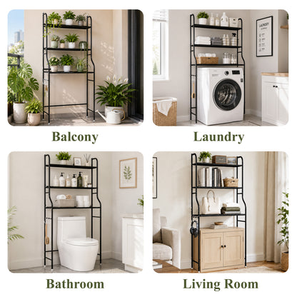 punada Bathroom Over The Toilet Storage Rack, 3-Tier Metal Bathroom Organizer Shelf Above Toilet with 3 Hooks, Freestanding Shelf Space Saver for Bathroom, Black, 59.84" H