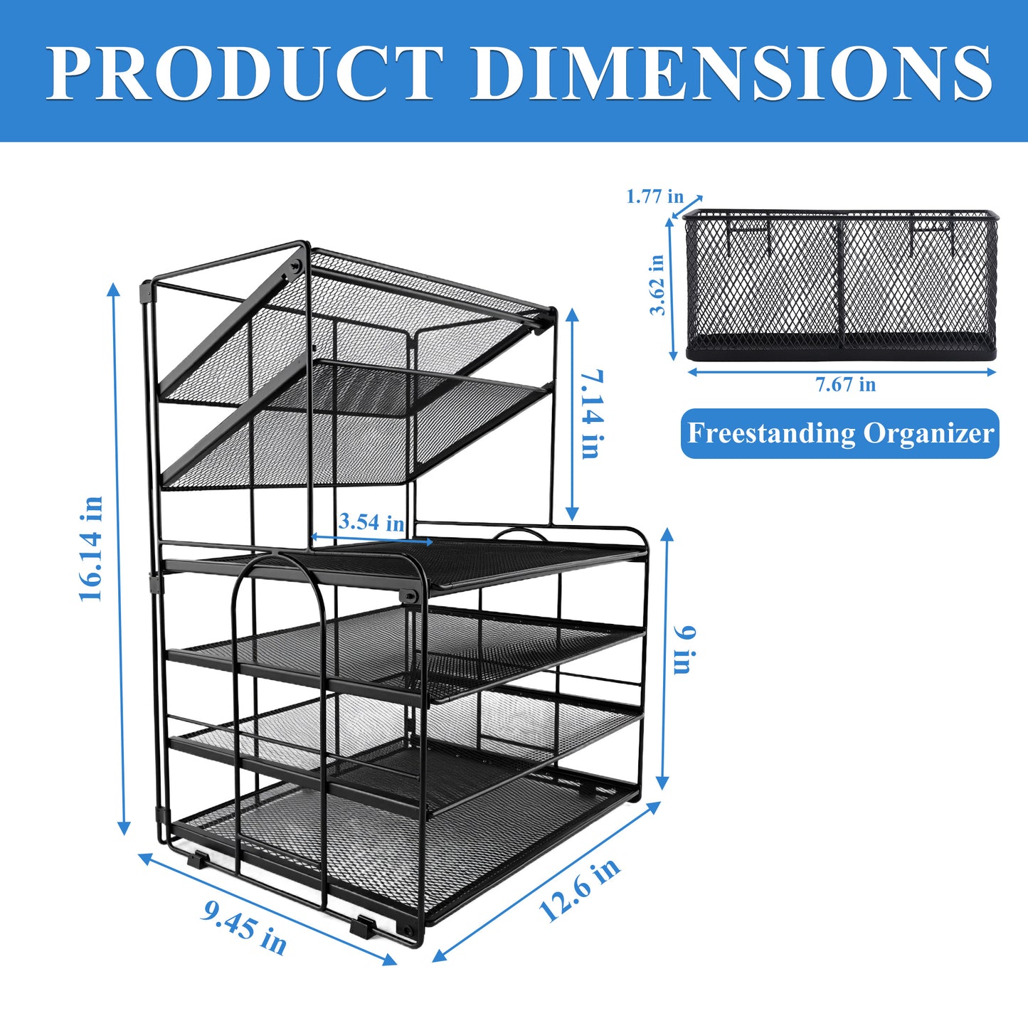 punada Desk Organizer with File Holder, 6 Tier Metal Desktop File Organizer with Pen Holders and Mesh Trays for Home, Office and Workspace