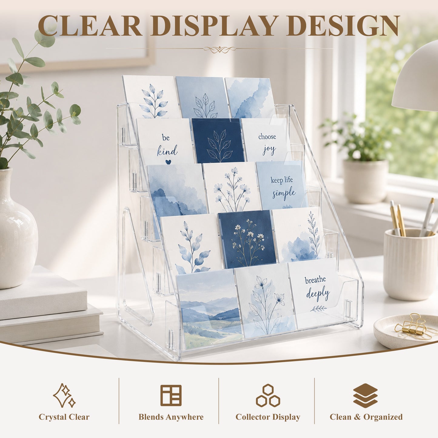 punada 5 Tier Card Display Stand, Clear Vertical Holder for Sports Cards, Greeting Cards, Postcards, Stickers and Brochures, Easy Snap-On Assembly