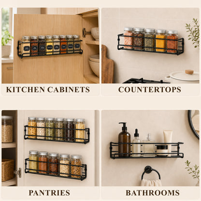 punada 4 Pack Wall Mounted Spice Rack, Space Saving Organizer for Kitchen Cabinet & Pantry Door, Screw or Adhesive Mount for Spice Jars, 11.41 x 2.55 x 2.55 in