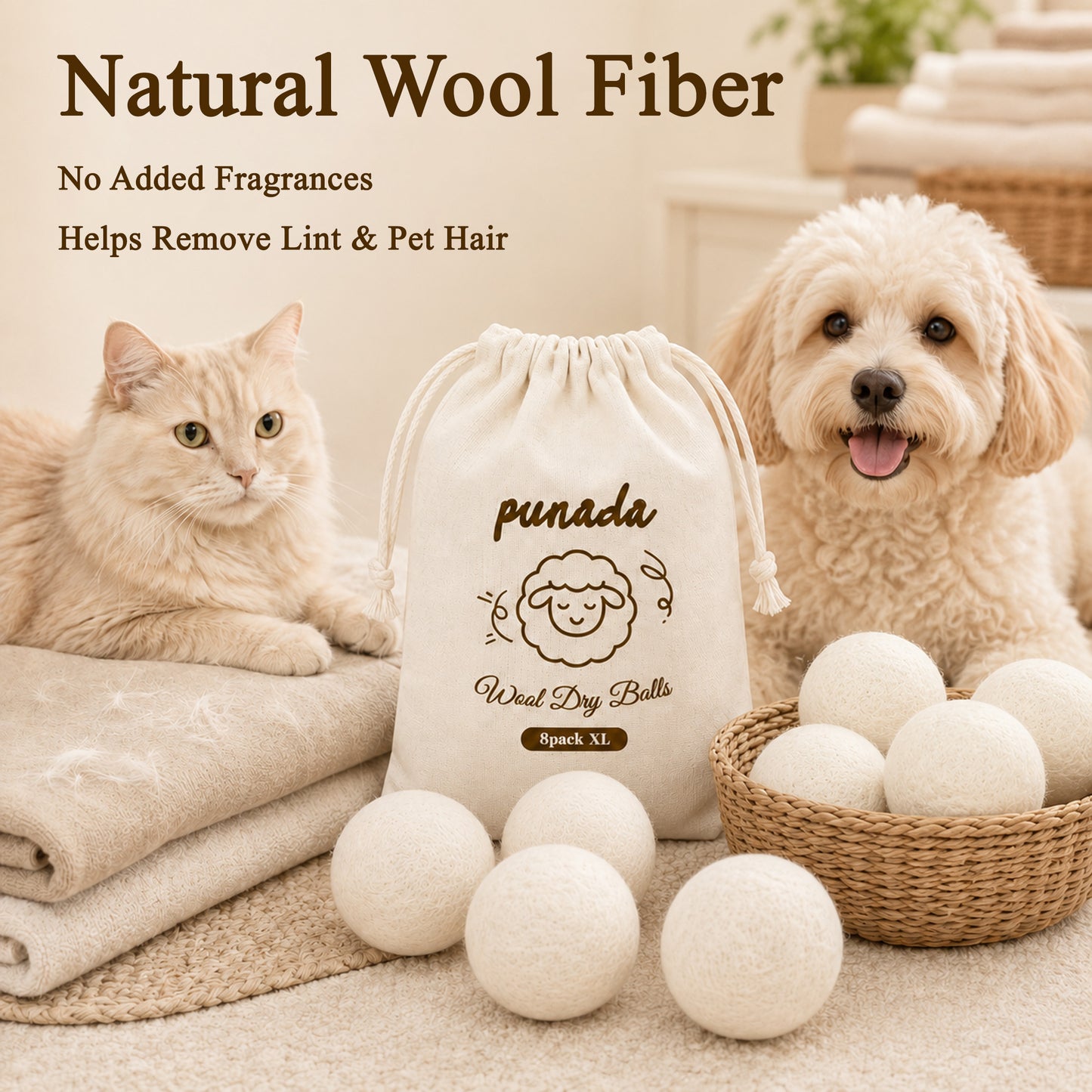 punada XL Wool Dryer Balls 8 Pack, Reusable Laundry Dryer Balls, Reduce Static & Wrinkles, Natural Fabric Softener, Faster Drying for Clothes Towels Bedding