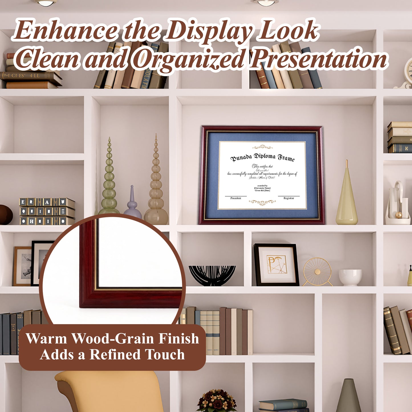 punada Diploma Frame 8.5x11 with Blue Over Gold Mat or 11x14 without Mat, Certificate Degree, Wood Grain with Gold Trim, Graduation Gift