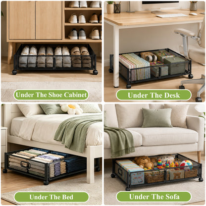 punada Under Bed Storage with Wheels, 2 Pack Metal Underbed Storage Containers, Rolling Drawers for Clothes, Shoes, Blankets, Bedroom Closet Organizer