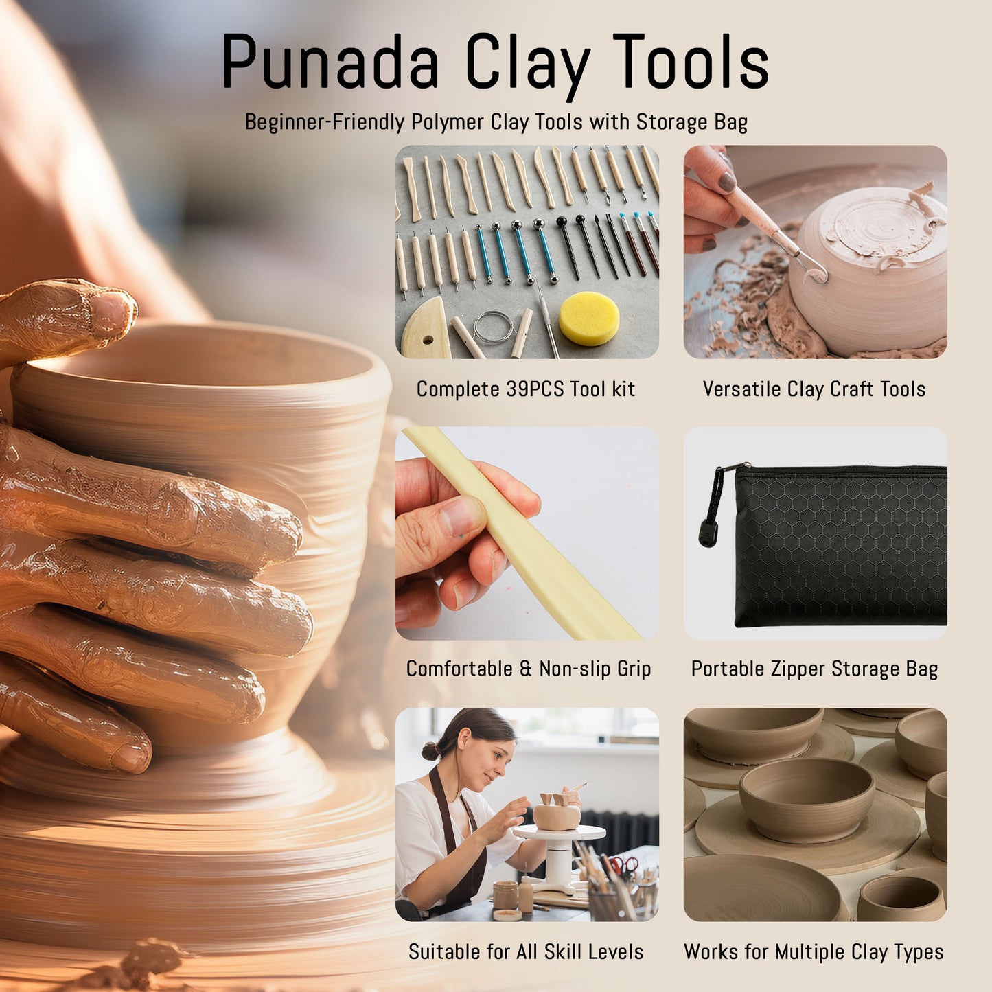 punada Clay Tools Kit 39PCS, Clay Sculpting Tools with Silicone Tips, Wooden & Plastic Pottery Tools for Polymer Clay & Air Dry Clay, Modeling, Carving, Shaping, Detailing Set with Storage Bag
