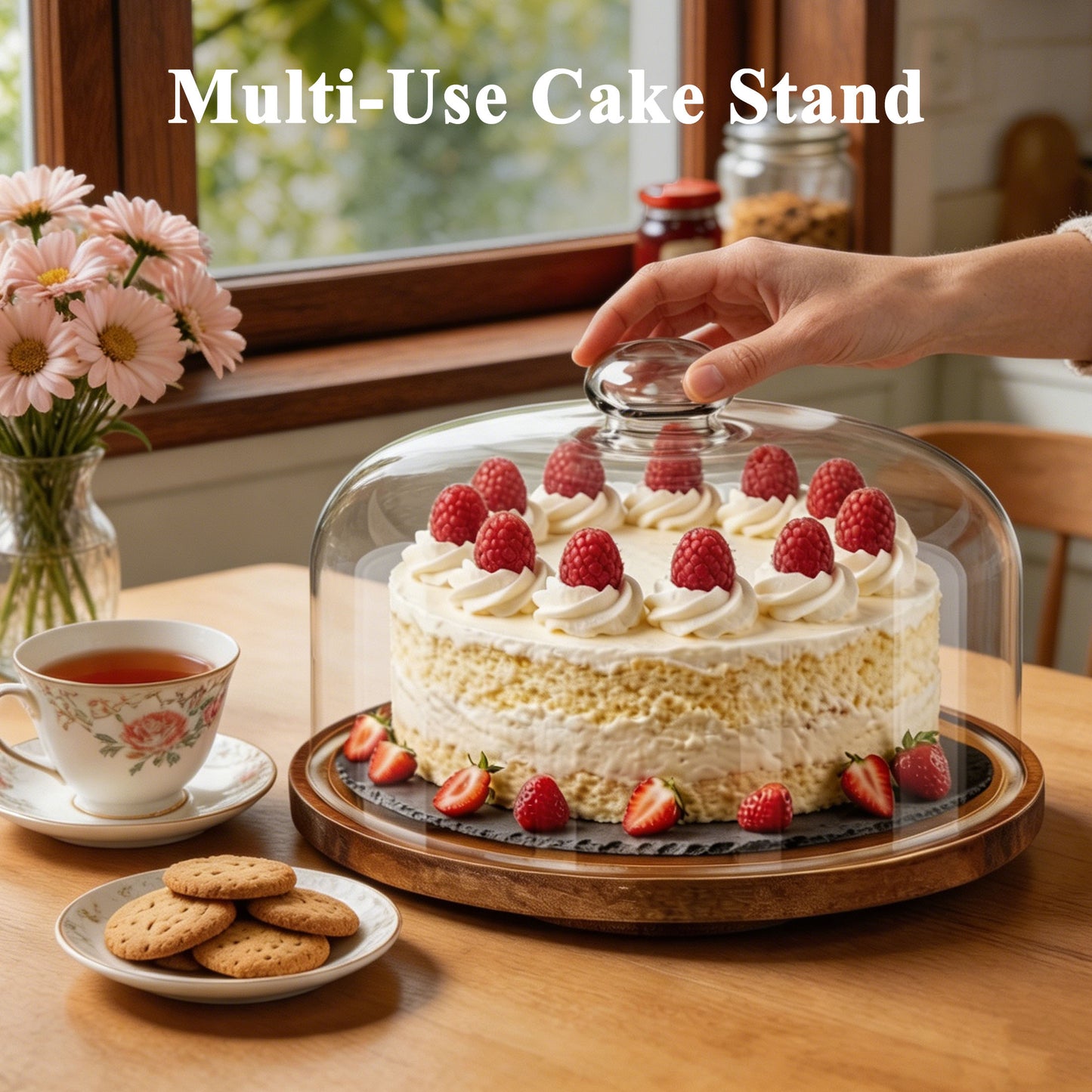 punada Acacia Wood Cake Stand with Lid, 11" Round Cake Stand with Acrylic Dome, 2-in-1 Dessert Display for Cake, Cheese, Chips, Fruit & Snacks
