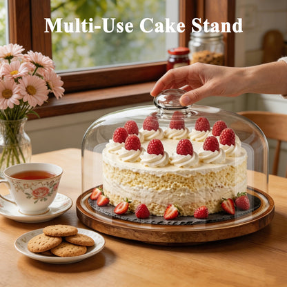punada Acacia Wood Cake Stand with Lid, 11" Round Cake Stand with Acrylic Dome, 2-in-1 Dessert Display for Cake, Cheese, Chips, Fruit & Snacks