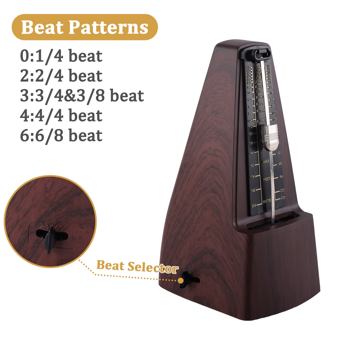punada Mechanical Metronome for Piano Guitar, Wood Grained Loud Sound and Multiple Beat Modes, Accurate Beat for Beginners 1 Pack