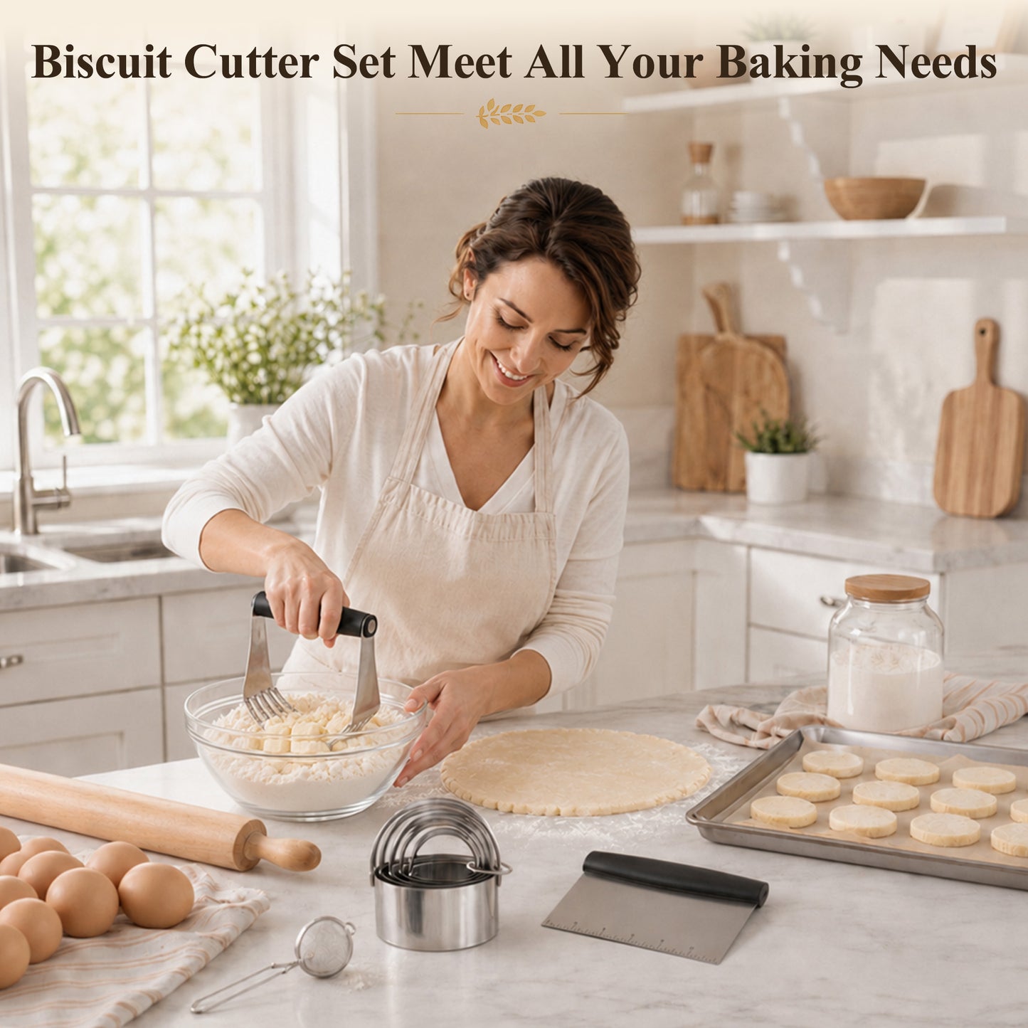 punada Stainless Steel Biscuit Cutter Set, Pastry Blender, Pastry Scraper, Round Cookie Cutters with Handle, Flour Sifter Ball for Baking, Pastry Cutter Set, Professional Baking Dough Tools (4 Pcs)