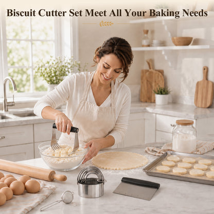 punada Stainless Steel Biscuit Cutter Set, Pastry Blender, Pastry Scraper, Round Cookie Cutters with Handle, Flour Sifter Ball for Baking, Pastry Cutter Set, Professional Baking Dough Tools (4 Pcs)