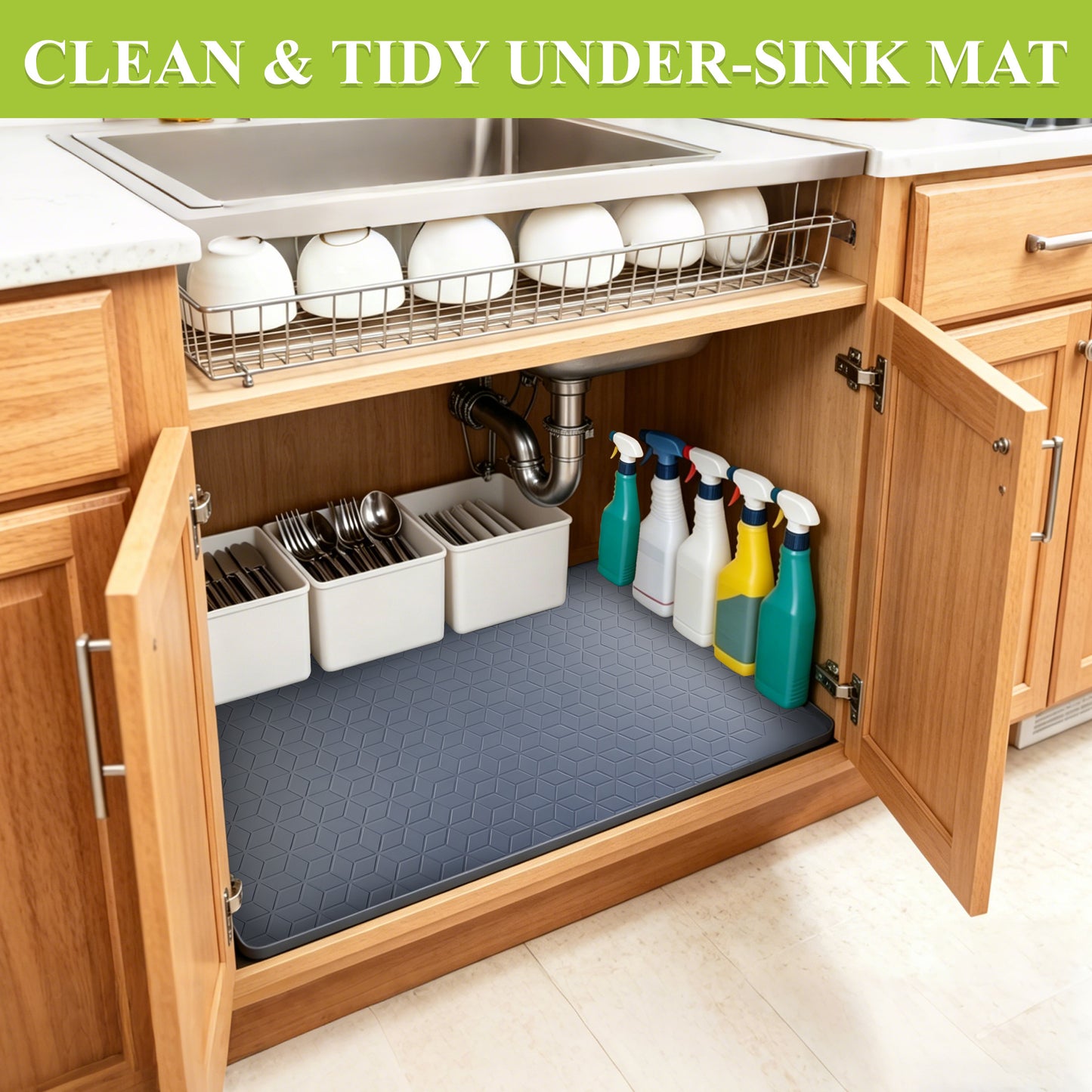 punada Under Sink Mat, 34" x 22" Waterproof Silicone Kitchen Sink Cabinet Protector, Shelf Liner for Kitchen and Bathroom, Leak-Proof Drip Tray, Kitchen Organizer Storage Mat, Gray