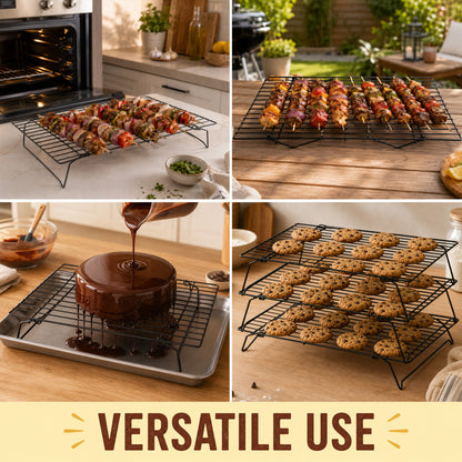 punada 3 Tier Stackable Cooling Racks for Cooking and Baking, 15" x 10" Carbon Steel Wire Baking Rack, Cookie Cooling Rack with Leg for Bacon Pizza Cake, Dishwasher Safe