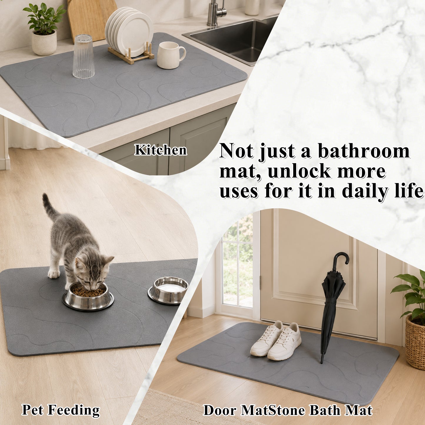 punada Stone Bath Mat, Quick-Dry Non-Slip Diatomaceous Earth Bath Mat, Super Absorbent Stone Shower Mat for Bathroom Floor, Easy to Clean, 23.6 x 15.4 Inch Grey