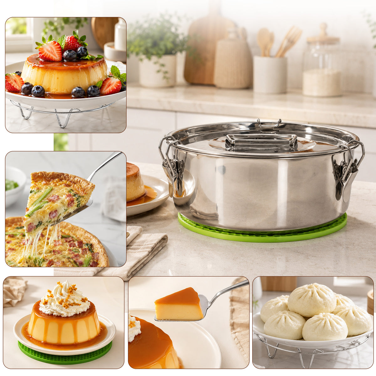 punada Stainless Steel Flan Mold, 304 Flanera Flan Pan with Lid and Handle, 1.5 QT Round Flan Molds for Baking Cheesecake Flan Pudding, Compatible with Pot 6QT/8QT