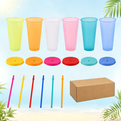 punada Reusable Cups with Lids and Straws, 6 Pack 24oz Color Changing Plastic Tumblers Set, Reusable Iced Coffee Travel Mugs, Drinking Cups for Party, Travel & Daily Use