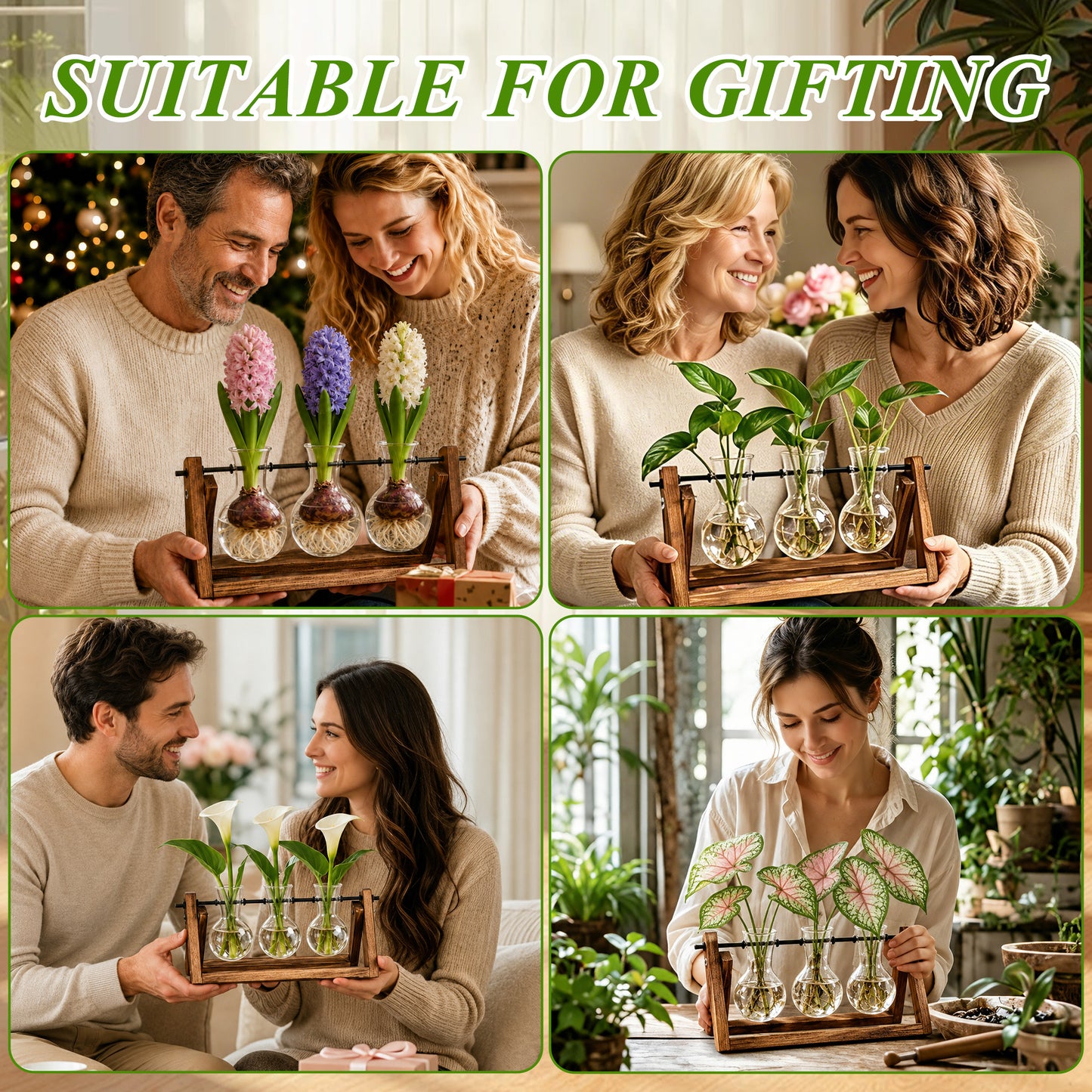 punada Propagation Vases, Plant Propagation Station with Wooden Stand and 3 Bulb Glass Vases, Hydroponic Plant Terrarium Holder for Indoor Plants