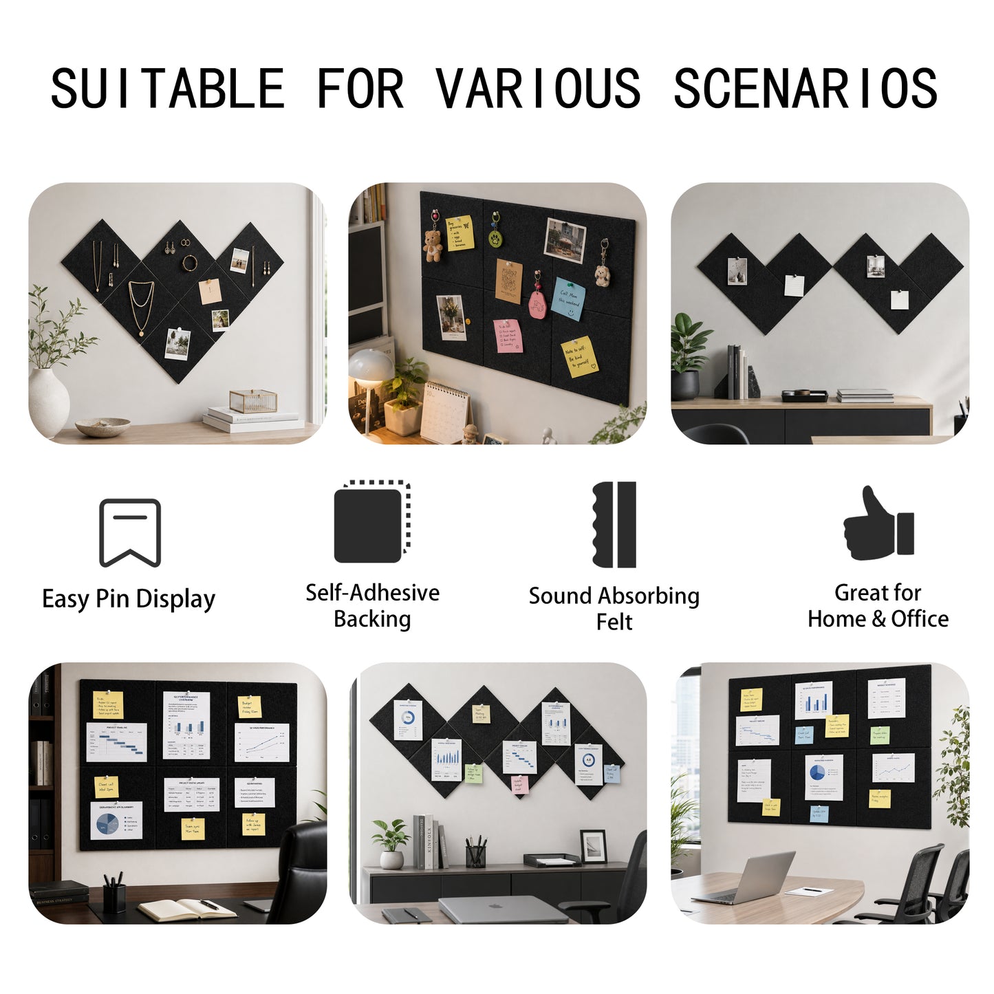punada Cork Boards for Walls 6 Pack 36" x 24" Felt Bulletin Board Tiles with Adhesive Backing and Push Pins Cork Board Alternative for Home Office Pin Board for Notes Photos