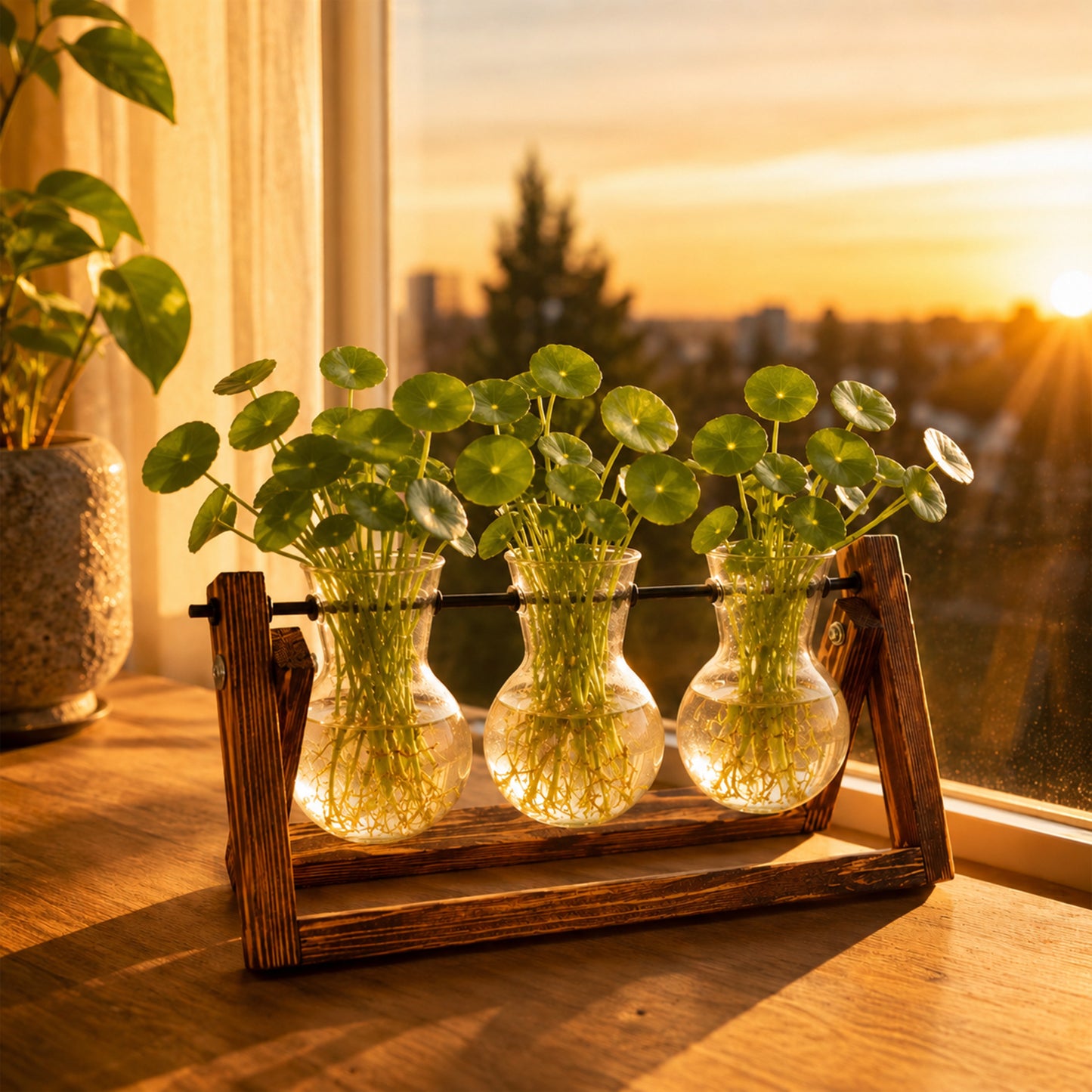 punada Propagation Vases, Plant Propagation Station with Wooden Stand and 3 Bulb Glass Vases, Hydroponic Plant Terrarium Holder for Indoor Plants