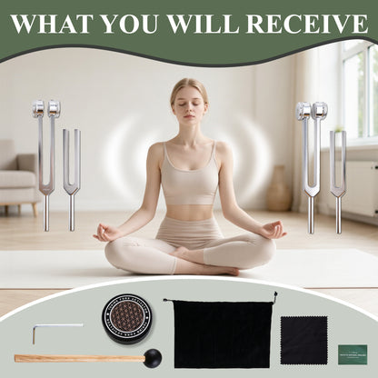 punada Tuning Forks for Healing Set, 128Hz, 136.1Hz, 512Hz, 528Hz Tuning Forks with Activator, Mallet & Bag, for Meditation, Yoga, Relaxation, Sound Healing at Home, Spa, Studio