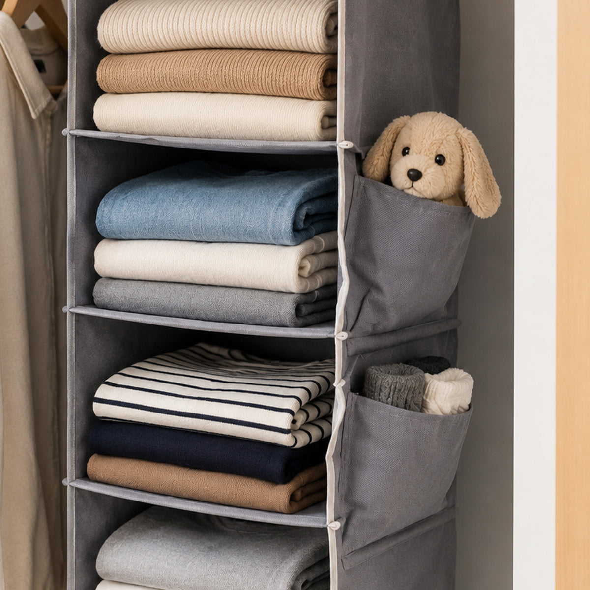 punada Hanging Closet Organizer, 6-Shelf Closet Hanging Storage Organizer with Side Pockets, Foldable Hanging Shelves for Clothes, Sweaters, Shoes and Accessories, Grey