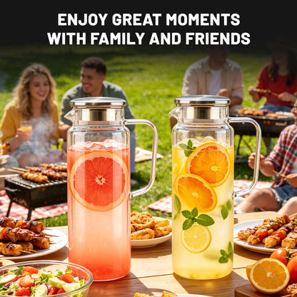 punada 2 Pack 2 Liter 68 oz Glass Pitchers with Lid and Spout, Glass Water Carafe for Hot & Cold Drinks, Large Jug for Iced Tea, Coffee, Juice, Milk, Beverage