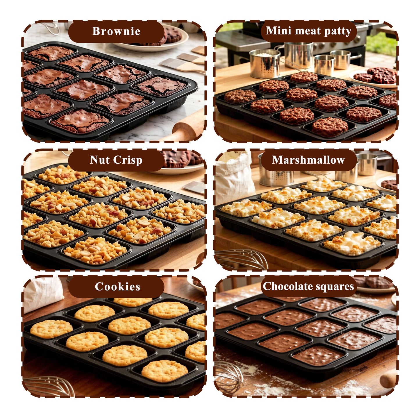 punada Brownie Pan with Dividers, 2 Pack 12-Cavity Nonstick Carbon Steel Square Muffin Pan, All Edges Design Baking Tray for Crispy Corner Brownies, Cupcakes and Cookies