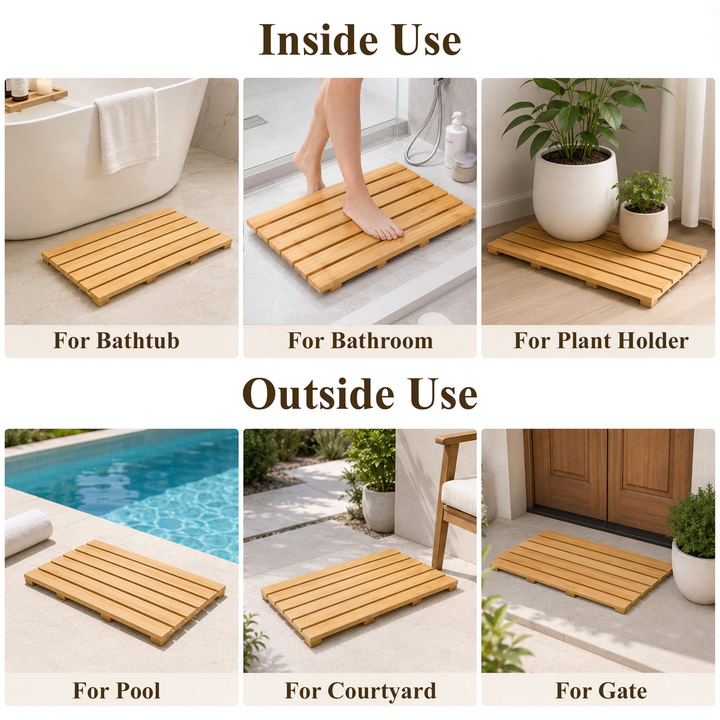 punada Bamboo Bath Mat, Non-Slip Waterproof Wooden Shower Mat for Bathroom, Bathtub, Sauna and Outdoor Use, Quick Dry Bamboo Floor Mat, 21.26 x 14.17 inch