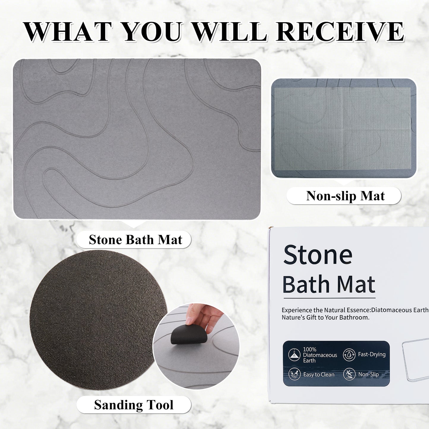 punada Stone Bath Mat, Quick-Dry Non-Slip Diatomaceous Earth Bath Mat, Super Absorbent Stone Shower Mat for Bathroom Floor, Easy to Clean, 23.6 x 15.4 Inch Grey
