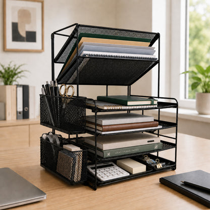 punada Desk Organizer with File Holder, 6 Tier Metal Desktop File Organizer with Pen Holders and Mesh Trays for Home, Office and Workspace