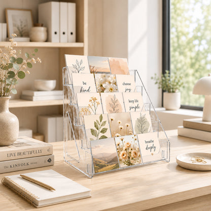 punada 5 Tier Card Display Stand, Clear Vertical Holder for Sports Cards, Greeting Cards, Postcards, Stickers and Brochures, Easy Snap-On Assembly