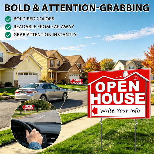 punada Open House Signs for Real Estate, 3 Pcs 17 x 13 inch and 2 Pcs 17 x 6 Inch Double-Sided Waterproof Open House Signs with Metal Stakes and Arrow Stickers for Realtor Sales