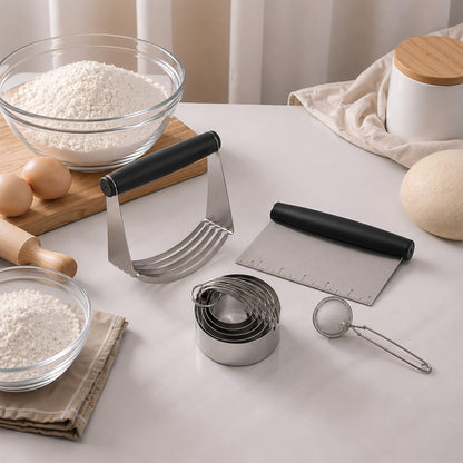 punada Stainless Steel Biscuit Cutter Set, Pastry Blender, Pastry Scraper, Round Cookie Cutters with Handle, Flour Sifter Ball for Baking, Pastry Cutter Set, Professional Baking Dough Tools (4 Pcs)