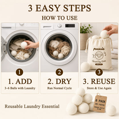 punada XL Wool Dryer Balls 8 Pack, Reusable Laundry Dryer Balls, Reduce Static & Wrinkles, Natural Fabric Softener, Faster Drying for Clothes Towels Bedding