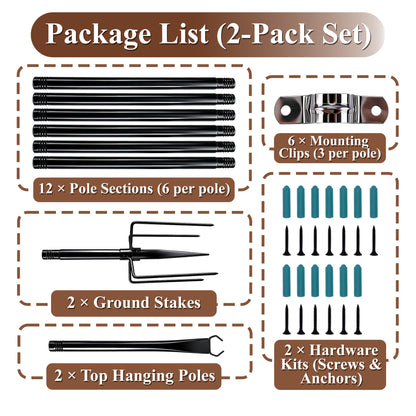 punada 2 Pack 10 ft String Light Poles with Fork Base and Fence Mounting Brackets, Outdoor Metal Light Poles for Outside String Lights, Light Pole Stand for Patio, Deck, Backyard, Garden, Wedding